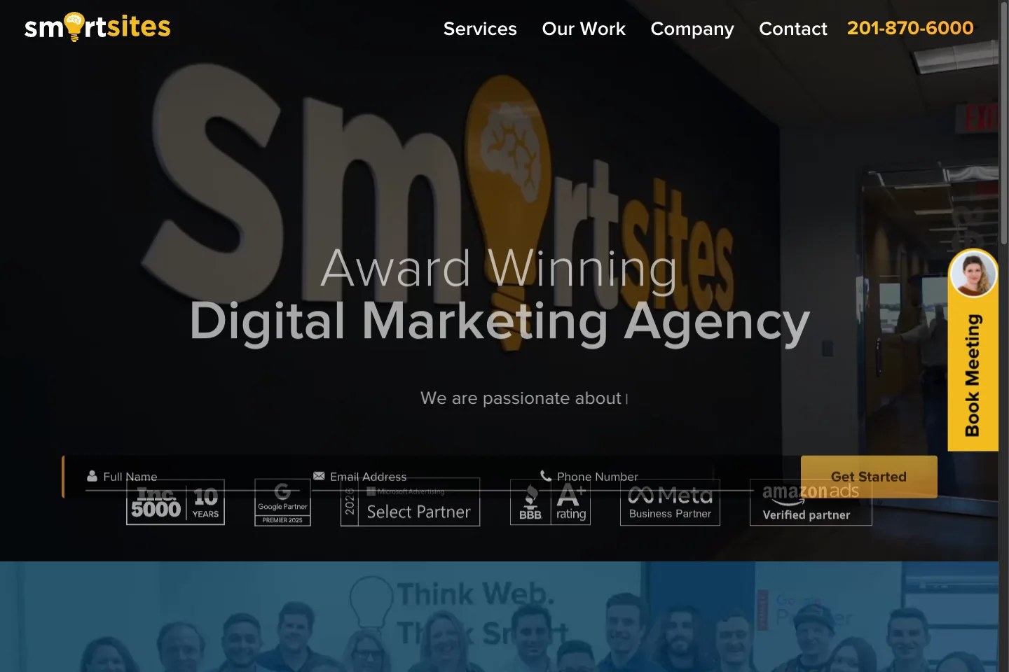 SmartSites official homepage showing its brand and marketing service positioning