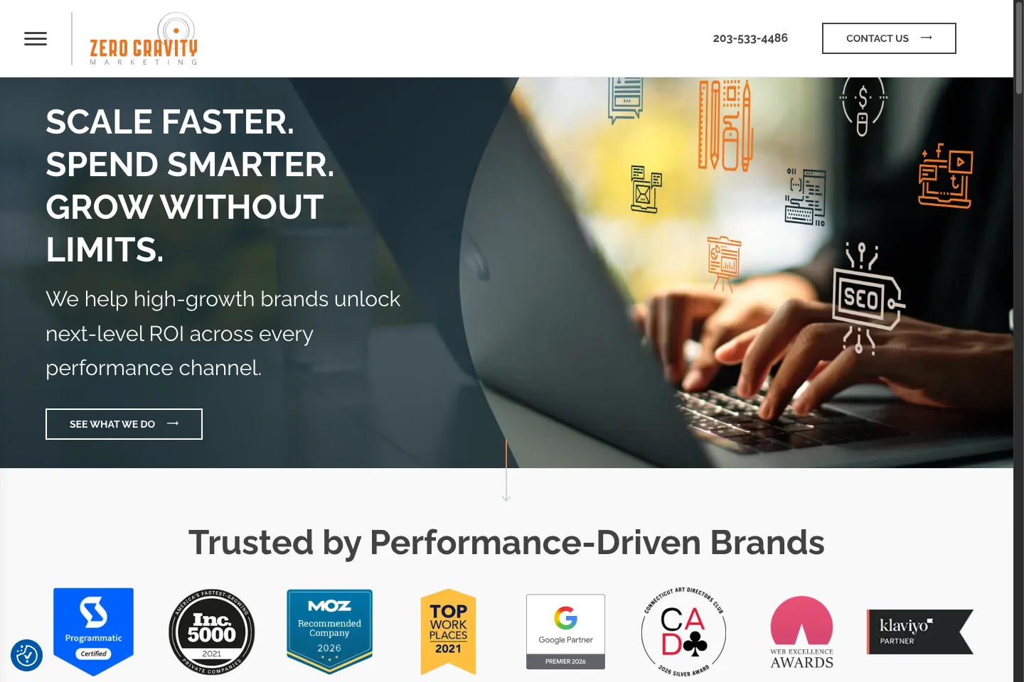 Zero Gravity Marketing official homepage showing its brand and marketing service positioning